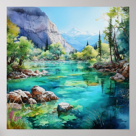 Mountain River levendige kleuren Waterverf schilde Poster (Voorkant)