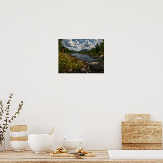 Mountain River Wildflowers Landscape  Poster (Keuken)