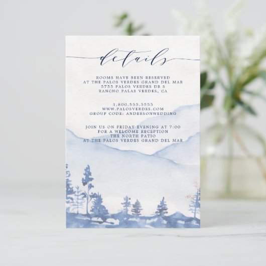 Mountain Rustic Blue Waterverf bruiloft details Informatiekaartje (Staand voorkant)