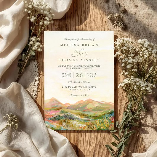 Mountain Rustic Country Elegant QR Code Wedding Kaart