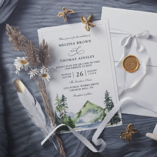 Mountain Rustic Forest Budget QR Code Wedding Kaart