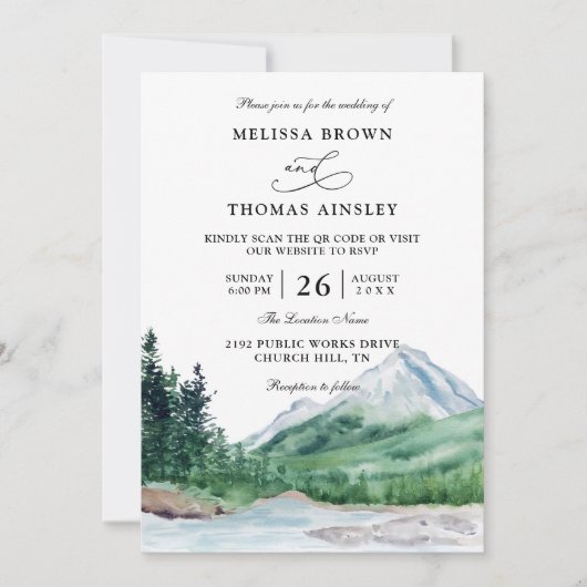 Mountain Rustic Lake Modern Budget QR Code Wedding Kaart (Voorkant)
