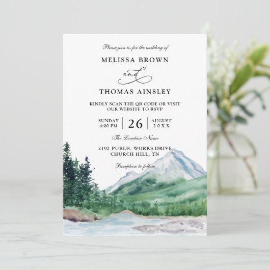 Mountain Rustic Lake Modern Budget QR Code Wedding Kaart (Staand voorkant)