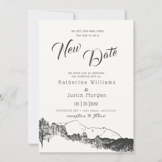 Mountain Rustic New Date Wedding Invitation (Voorkant)