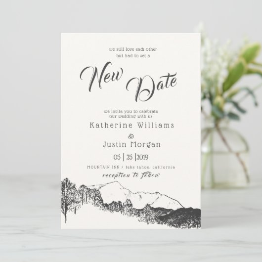 Mountain Rustic New Date Wedding Invitation (Staand voorkant)