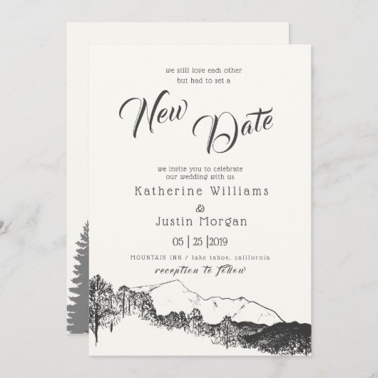 Mountain Rustic New Date Wedding Invitation (Voorkant / Achterkant)