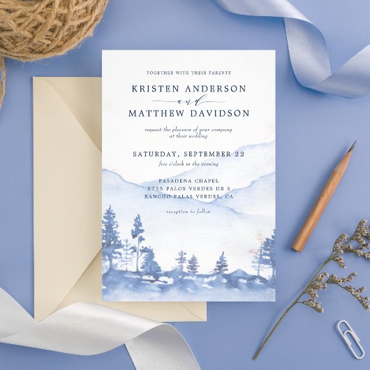 Mountain Rustic Woodland Waterverf Blue Wedding Kaart