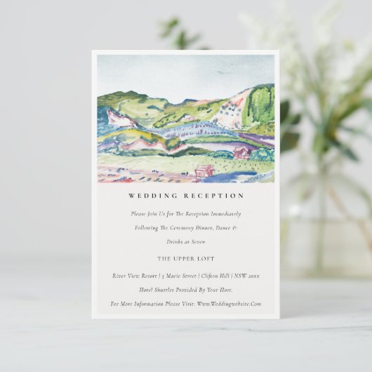Mountain Scape Blush Green Wedding Reception Informatiekaartje (Staand voorkant)
