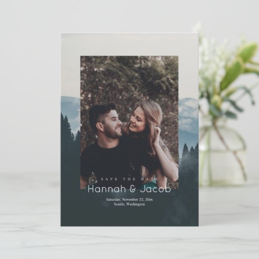 Mountain Scene Foto Bruiloft Save the Date (Staand voorkant)