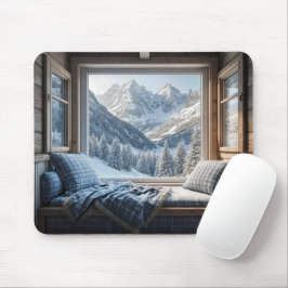Mountain Scene In Een Cabin Window Muismat