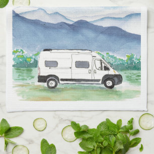 Mountain Scene Van Life Kitchen Towel White Van Theedoek