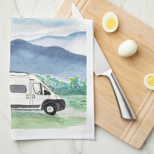 Mountain Scene Van Life Kitchen Towel White Van Theedoek (Quarter Fold)