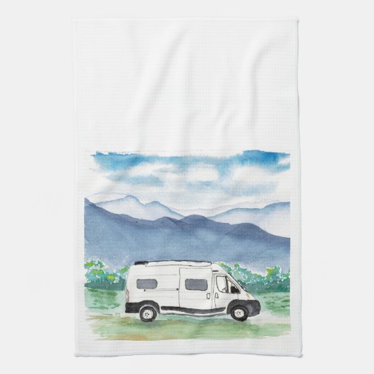 Mountain Scene Van Life Kitchen Towel White Van Theedoek (Verticaal)