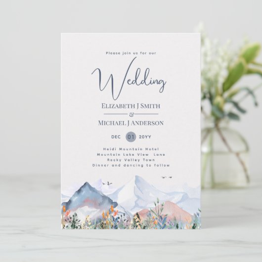 Mountain Scene Winter bruiloft uitnodiging (Staand voorkant)