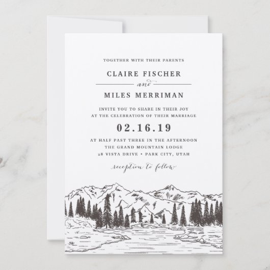 Mountain Sketch Wedding Invitation | Kraft Kaart (Voorkant)