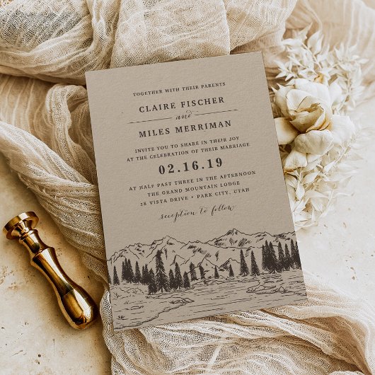 Mountain Sketch Wedding Invitation | Kraft Kaart