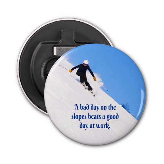 Mountain Ski Slopes Fresh Snow Herfst Skiing Funny Button Flesopener (Voorkant)