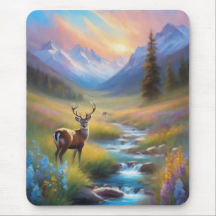 Mountain Stream Herten Wildbloemen Zonsopgang Schi Muismat