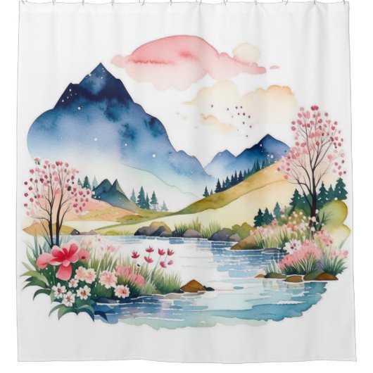 Mountain Summer Waterverf Douchegordijn (Voorkant)