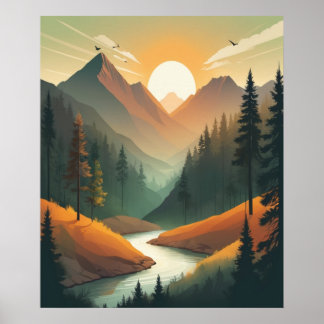 Mountain Sunrise illustratie: Gedetailleerd landsc Poster