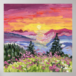 Mountain Sunrise met wilde bloemen Poster