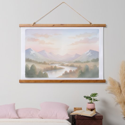 Mountain Sunrise Wall Art - Zachte pastel Waterver Hangend Wandkleed (Slaapkamer)