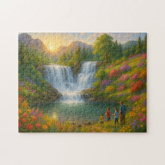 Mountain Sunrise Waterfall Puzzle – Family Fishing Legpuzzel (Horizontaal)