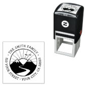 Mountain sunrise whimsical font return address zelfinktende stempel (In situ)