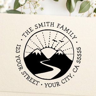 Mountain sunrise whimsical font return address  zelfinktende stempel