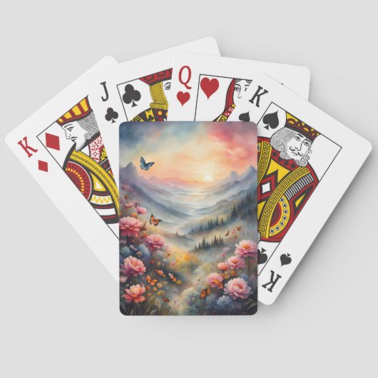 Mountain Sunset, Bloemen en Vlinders Pokerkaarten (Achterkant)