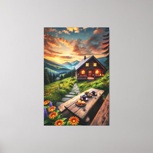 Mountain Sunset Cabin Serenity Canvas Afdrukken (Voorkant)