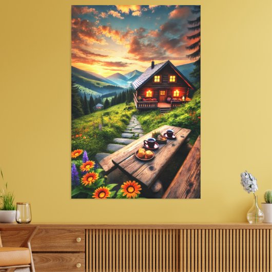 Mountain Sunset Cabin Serenity Canvas Afdrukken (Insitu (Woonkamer))