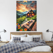 Mountain Sunset Cabin Serenity Canvas Afdrukken (Insitu (Slaapkamer))