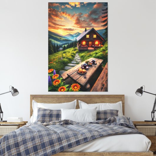 Mountain Sunset Cabin Serenity Canvas Afdrukken (Insitu (Slaapkamer))