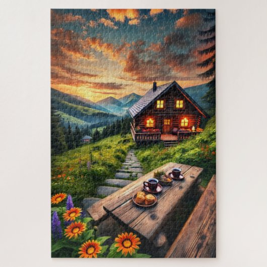 Mountain Sunset Cabin Serenity Puzzel Legpuzzel (Verticaal)