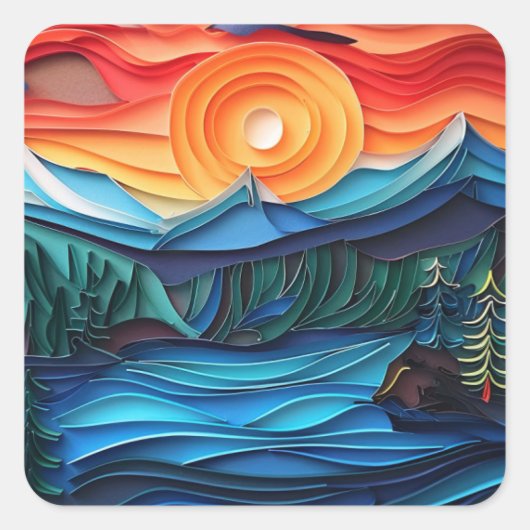  Mountain Sunset Lake Landscape Abstract Vierkante Sticker (Voorkant)
