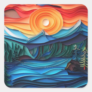  Mountain Sunset Lake Landscape Abstract Vierkante Sticker