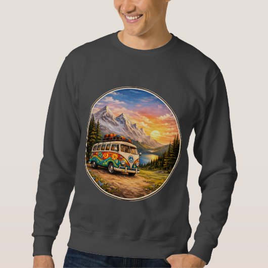 Mountain Sunset Lake Scene | Retro Hippie Van Life Trui (Voorkant)