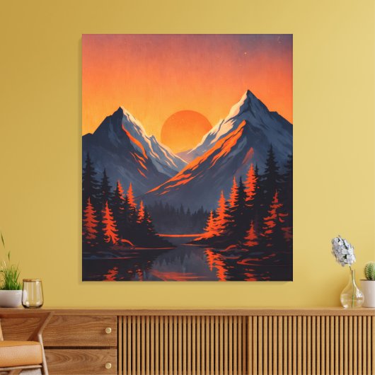 Mountain Sunset Reflection Fiery Orange Sky  Canvas Afdruk (Insitu (Woonkamer))