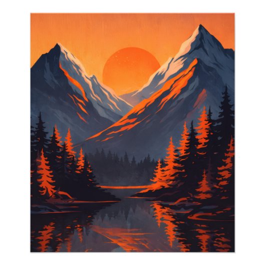 Mountain Sunset Reflection Fiery Orange Sky  Foto Afdruk (Voorkant)