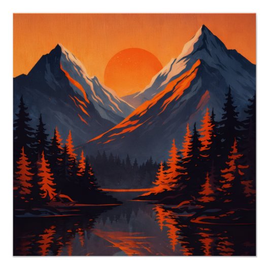 Mountain Sunset Reflection Fiery Orange Sky  Perfect Poster (Voorkant)