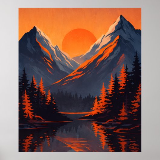 Mountain Sunset Reflection Fiery Orange Sky  Poster (Voorkant)