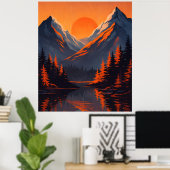 Mountain Sunset Reflection Fiery Orange Sky  Poster (Thuiskantoor)