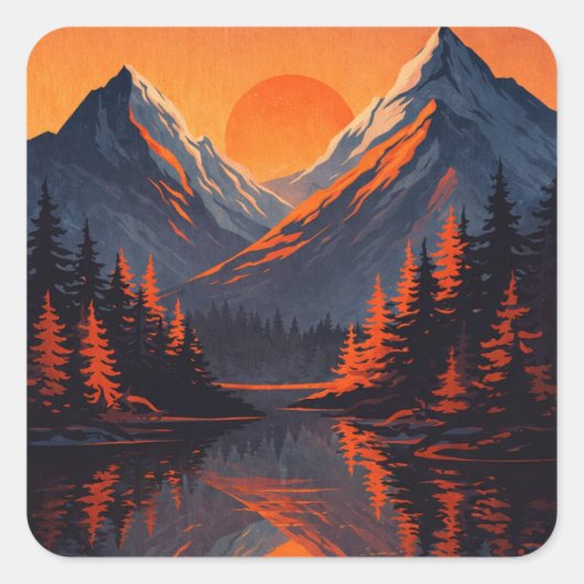 Mountain Sunset Reflection Fiery Orange Sky Vierkante Sticker (Voorkant)