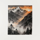 Mountain Sunset Tapestry | Golden Light Ink Art  Wandkleed (Voorkant)