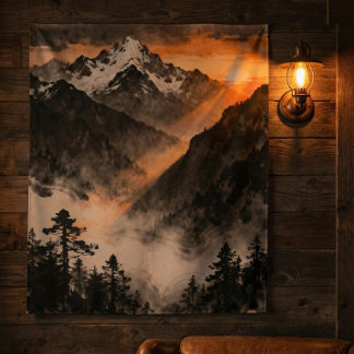 Mountain Sunset Tapestry | Golden Light Ink Art  Wandkleed