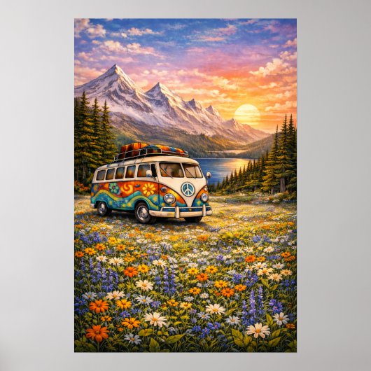 Mountain Sunset Wildflowers Retro Hippie Van Art Poster (Voorkant)