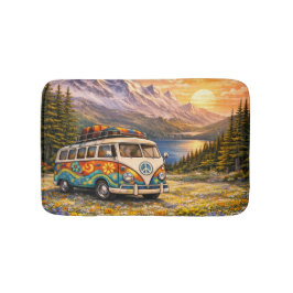 Mountain Sunset Wildflowers Retro Hippie Van Life Badmat