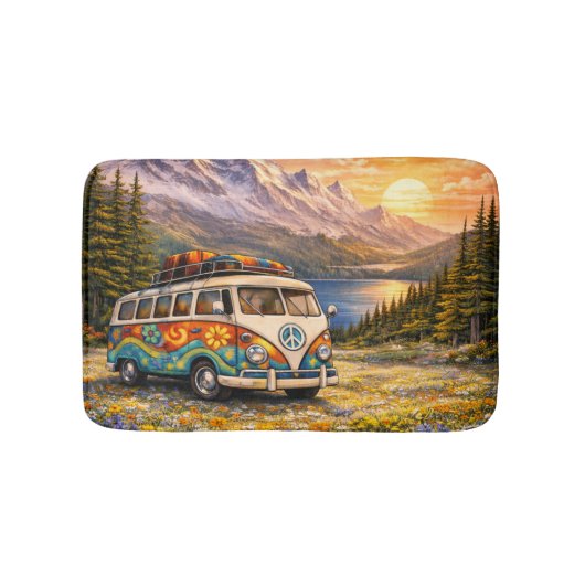 Mountain Sunset Wildflowers Retro Hippie Van Life Badmat (Voorkant)