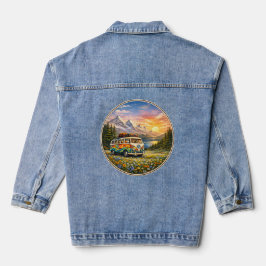 Mountain Sunset Wildflowers Retro Hippie Van Life Denim Jacket